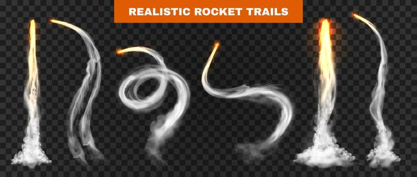 Реалістичний ракетний трейл прозорий набір з редагованим текстом та ізольованими пишними слідами куріння на прозорому фоні Векторні ілюстрації
 - Вектор, зображення