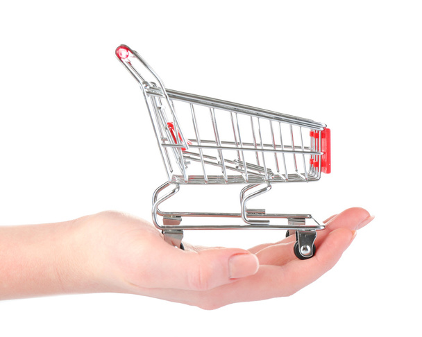 Small shopping cart in female hand isolated on white - 写真・画像