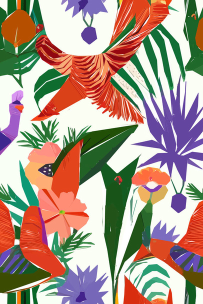 Beautiful textile pattern with bird, flowers and leaves. Floral illustration. - Vektor, kép