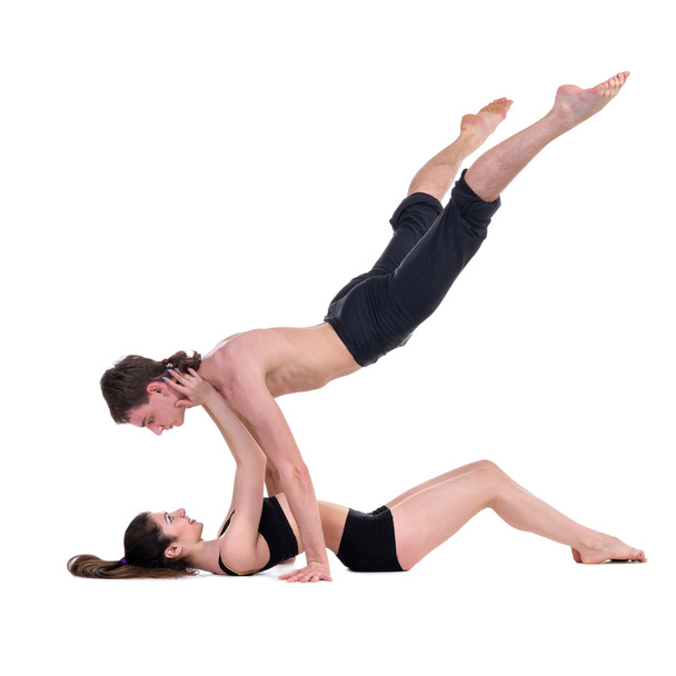 couple man and woman exercising fitness dancing on white background - Foto, Bild