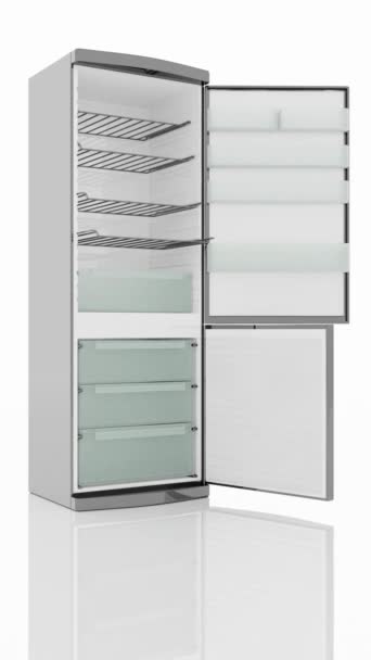 Фільм. 3D ілюстрація. Побутова техніка. Холодильник ізольований на білому тлі. два двері відкриваються і закриваються, поки внутрішні елементи виходять, а потім повертаються
. - Кадри, відео