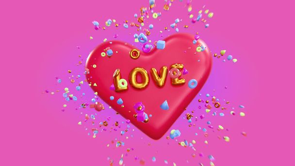 Happy Valentine's Day. Holiday wedding. happy birthday. Festive background with abstract figures in red and yellow colors, a Romantic banner and a web poster. Design icon heart symbol love. 3d render - Foto, Imagem