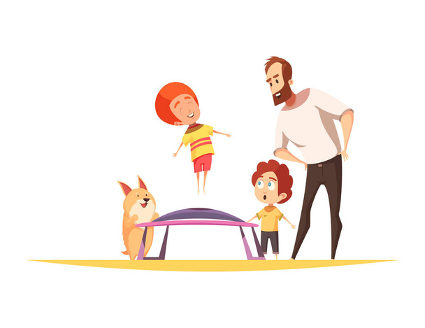 Jumping trampolines composition with flat cartoon human characters and images of amusement appliance vector illustration - Vektor, obrázek