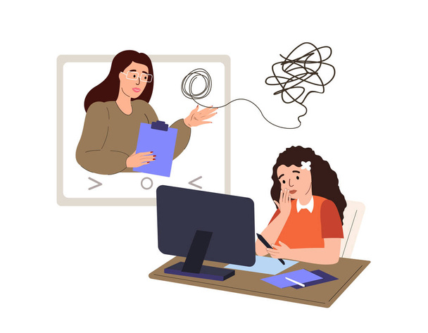 Psychological Help for Children Online session,zoom.Girl on Psychiatry Therapy. Woman Psychologist Support Kid Girl,Help to overcome Depression online video call on Laptop. People Vector Illustration - Vektori, kuva