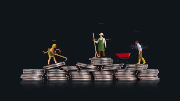 Coins and miniature people. Concept of individual income and economic differences. - Footage, Video