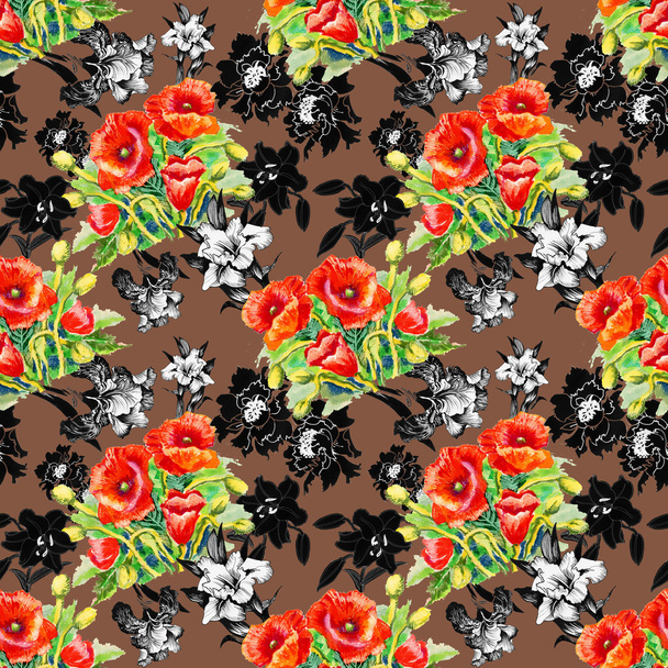 Poppy and iris flowers pattern - Φωτογραφία, εικόνα