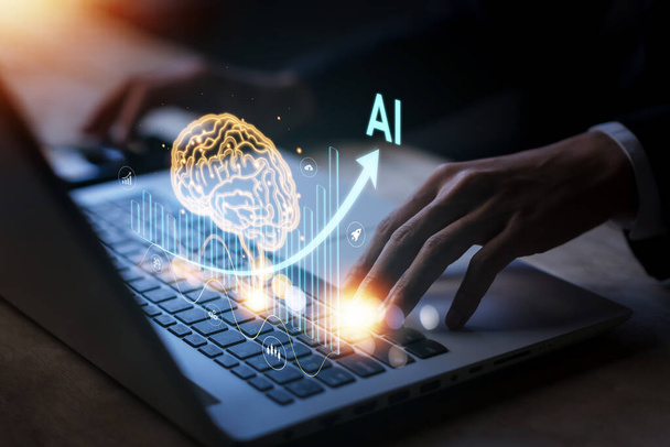 AI (Artificial intelligence) growing with brain. Businessman data analytics information trends with laptop (notebook). Business technology link digital marketing. Big data and Financial banking. - 写真・画像