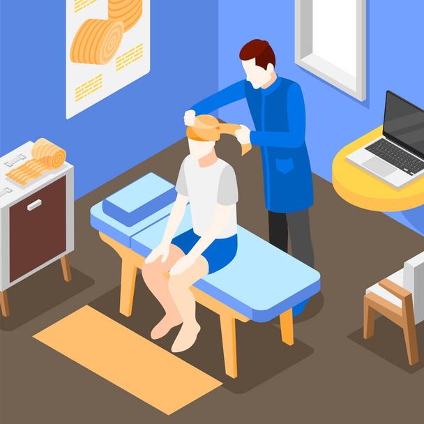 Doctor applying elastic bandage to head of male patient 3d isometric vector illustration - Vector, Image