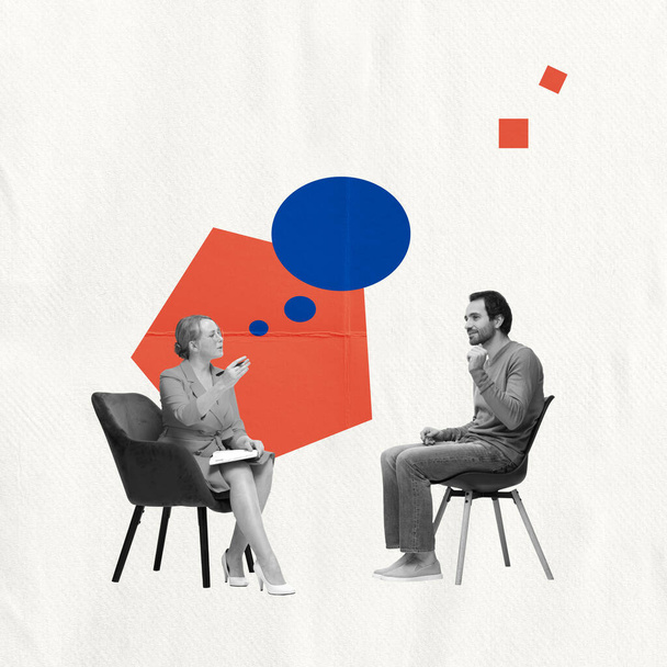 Support, care. Contemporary art collage about young man meeting with professional psychologist. Concept of modern millennial lifestyle, mental health, psychological help - Foto, Imagem