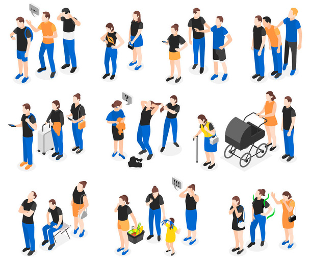 Queue isometric icon set different types of queues and different relationships between people among those waiting vector illustration - Vektor, Bild