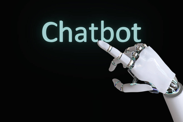Robot kéz ujjal mutogatva nyissa meg az AI chat szöveget. 3D illusztrációs kép. - Fotó, kép