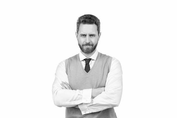 grizzled man crossed hands. mature elegant man with beard. hair and beard care. formal businessman isolated on white. confident and handsome guy with moustache. male fashion. mens beauty. - Фото, изображение