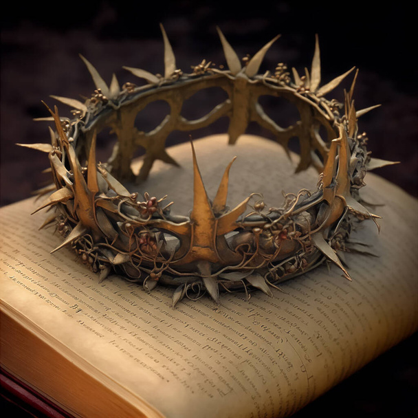 Crown of thorns on the Bible twisted circlet of rushes of Juncus balticus with thorns Ziziphus spina-christi adored as a relic. A symbol of Easter. A crown from the head of Jesus Christ on a dark background - Photo, Image