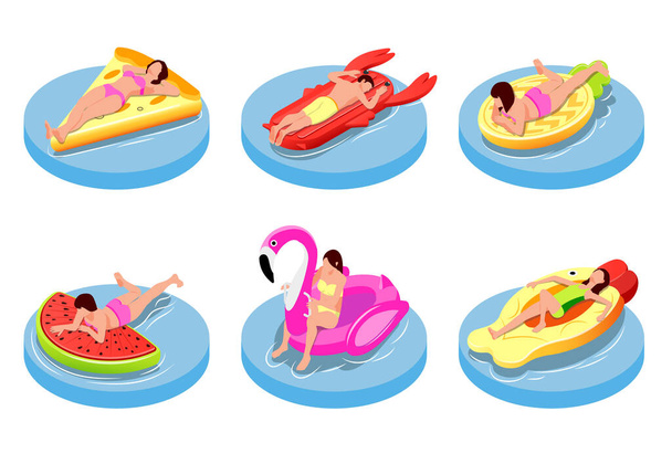 People sunbathing on inflatable swimming accessories of bright lights and extravagant shapes colored isometric compositions isolated vector illustration - ベクター画像