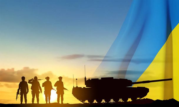 Silhouettes of a soldiers and a main battle tank on a battlefield with Ukraine flag against the sunset. EPS10 vector - ベクター画像