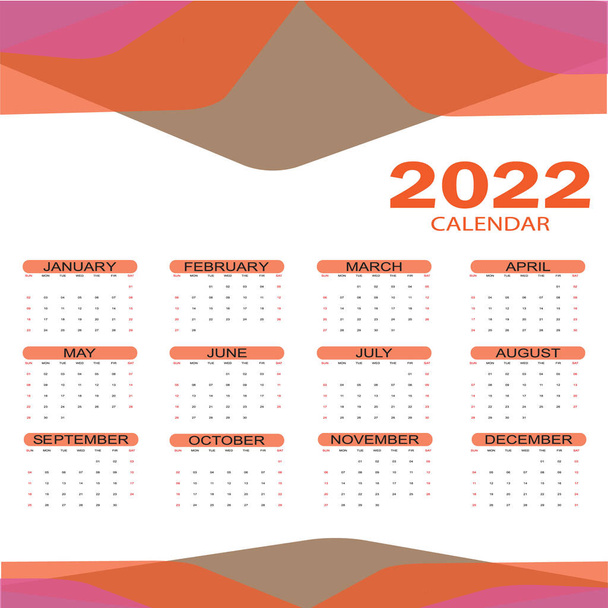 Classic monthly calendar for 2022. Calendar in the style of minimalist square shape. The week starts on Sunday. - Vector, Image