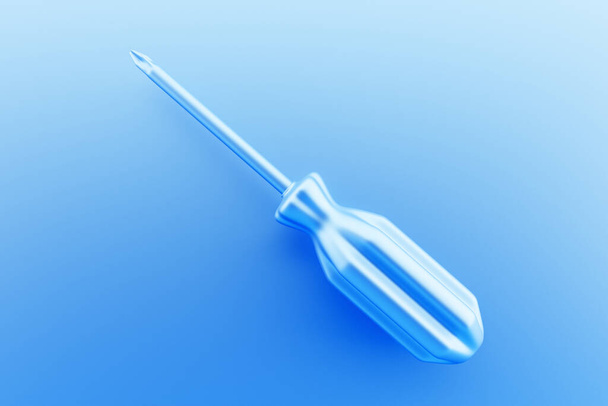 3D иллюстрация синей крестообразной отвертки ручной инструмент, изолированный на монохромном фоне. 3D визуализация и иллюстрация инструмента для ремонта и установки - Фото, изображение