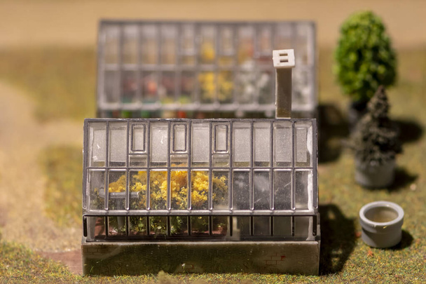 Dos invernadero de vidrio de juguete con una tubería para el cultivo de vegetación y flores en el césped. - Foto, Imagen