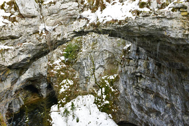 Little natural bridge and Zeljske jame caves bellow in Rakov Skocjan in Gorenjska, Slovenia - Foto, imagen