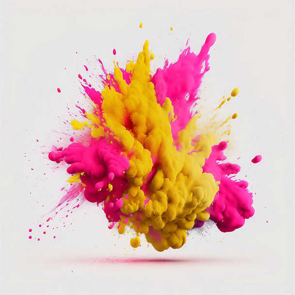 Giallo e rosa Polvere colorata di oli che esplode. Festa e celebrazione di Holi - Foto, immagini