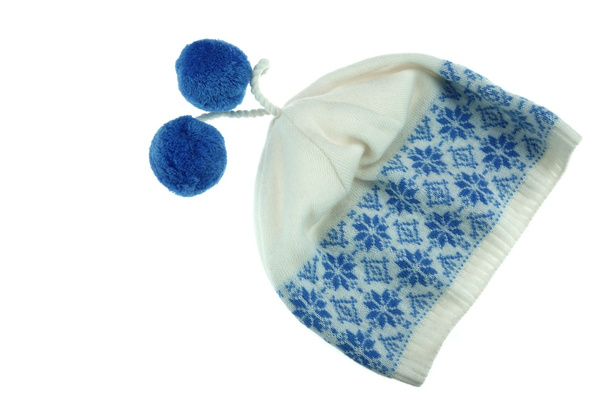 Sombrero de lana de invierno de punto blanco con Pom-Pom
 - Foto, imagen