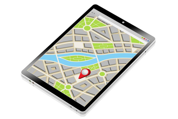 Tablette konum kodlu şehir haritası - 3B illüstrasyon - Fotoğraf, Görsel