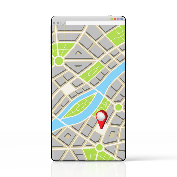 Akıllı telefondaki konum kodlu şehir haritası - 3D illüstrasyon - Fotoğraf, Görsel