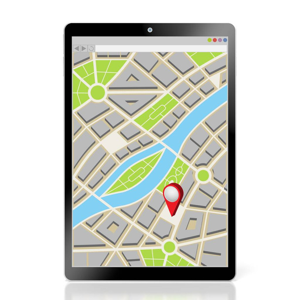 City map with location pin on a tablet - 3D illustration - Foto, Imagen