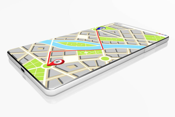 City map with market route by two pins on a smartphone - 3D illustration - Foto, Imagen