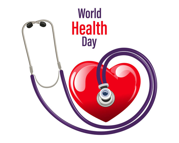 World health day, medical stethoscope and colorful volumetric heart. Banner, poster, vector - Vektori, kuva