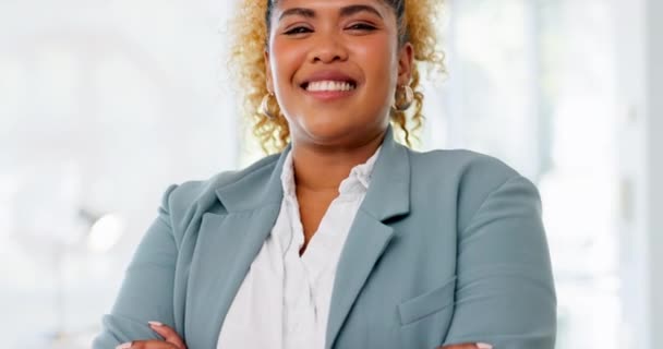 Portrait, consultant and business woman in modern office happy and smiling for future of company and growth. Employee, entrepreneur or worker with a positive mindset arms crossed in workplace. - Footage, Video