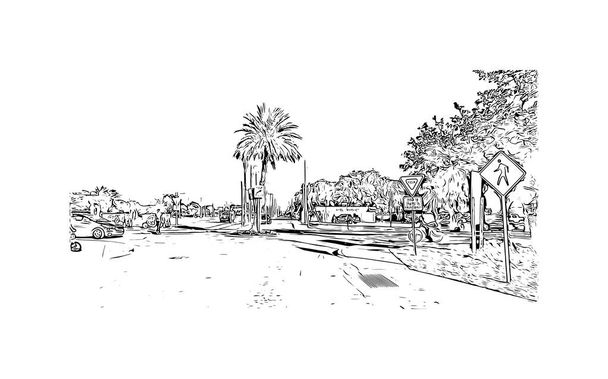 Print Building vista com marco de Pompano é a cidade na Flórida. Desenho desenhado à mão ilustração em vetor. - Vetor, Imagem