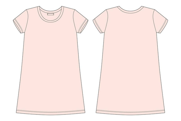 Технические наброски хлопчатобумажной химии. Светло-розовый цвет. Ночная рубашка для женщины. Макет костюма для сна. Вид сзади и спереди. Дизайн для упаковки, модный каталог. Векторная иллюстрация моды - Вектор,изображение