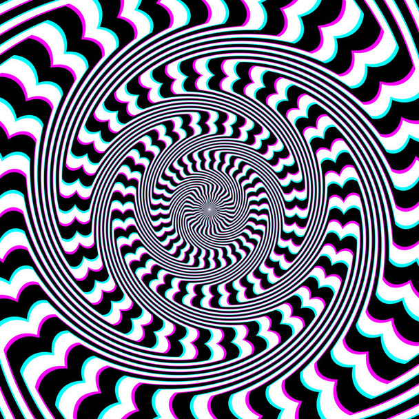 Optical art circle of white black and cyan magenta distorted striped pattern. Psychedelic background design. - ベクター画像