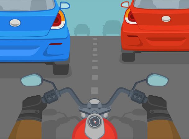 Safe motorcycle riding. Close-up of a moto rider trying to ride between cars on two lane road. Hands holding a handlebar. Traffic flow on city road. Flat vector illustration template. - Vecteur, image
