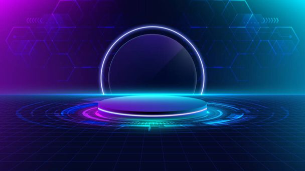 3D tecnología realista digital cyberpunk podium display neón iluminación círculo portal con elementos geométricos HUD y efecto de iluminación sobre fondo azul oscuro. Puede utilizar para mostrar la tecnología del producto, el futuro del diseño del juego, etc. Ilustración vectorial - Vector, imagen