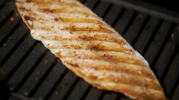 Close up video of seasoned hake fillet cooking on a grill. Grilled fish. - Filmati, video