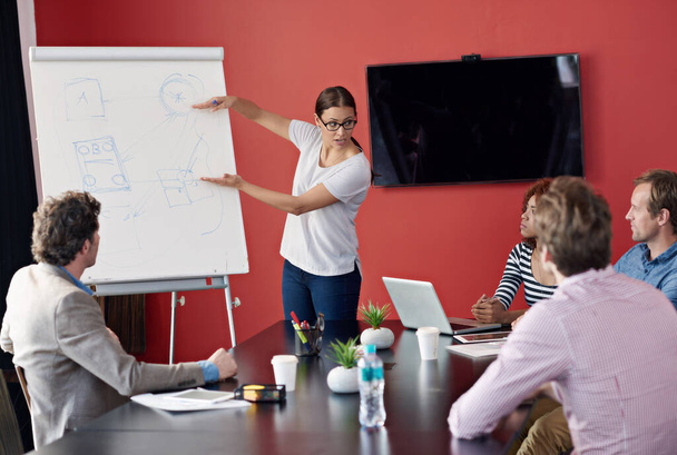 Sharing a vision. a woman giving a presentation to a group of colleagues in a boardroom - 写真・画像