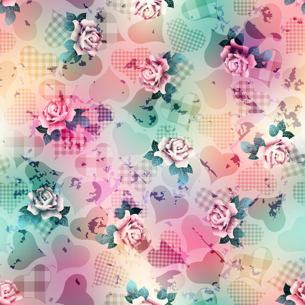Hearts and roses pattern on grunge blurred background. - Vector, imagen