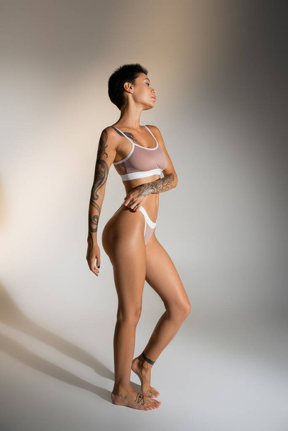 side view of slim brunette woman with tattooed body posing in lingerie on grey background - 写真・画像