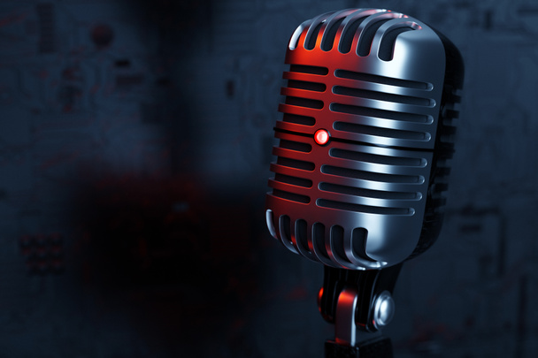 Silver microphone,   model on black background, realistic  3d illustration. music award, karaoke, radio and recording studio sound equipment - Photo, Image