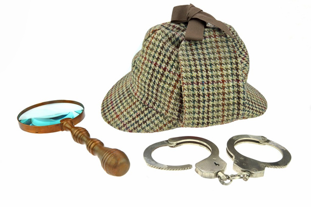 Detective Hat, Retro Magnifier and Real Handcuffs - Zdjęcie, obraz