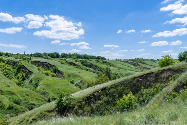 View ravine covered with greenery. Landscape valley with geological faults. Earthen mountains and bumps relief on against sky. Hill beam with protrusions and recesses. Grass and trees on slope canyon. - Photo, Image