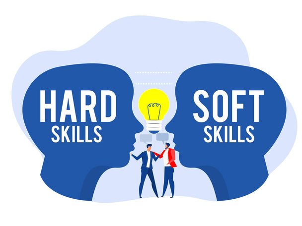 Hard VS Soft Skills Concept, Human Head met zakenmensen Kantoormedewerkers Empathie, Communicatie, Idee Ontwikkeling, Meerdere Intelligenties Vector Illustratie - Vector, afbeelding