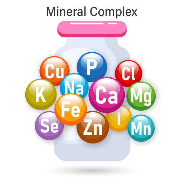 Mineraal complex van gezonde voeding. Illustratie van minerale pictogrammen in een geneeskrachtige injectieflacon. Het concept van geneeskunde en gezondheidszorg. Vector - Vector, afbeelding