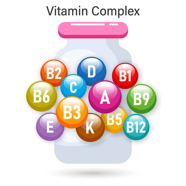 Vitaminecomplex voor gezonde voeding. Illustratie van vitaminepictogrammen in een geneeskrachtige injectieflacon. Het concept van geneeskunde en gezondheidszorg. Vector - Vector, afbeelding