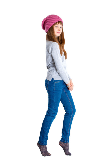 Child girl wearing pink knitted hat - Foto, Imagem