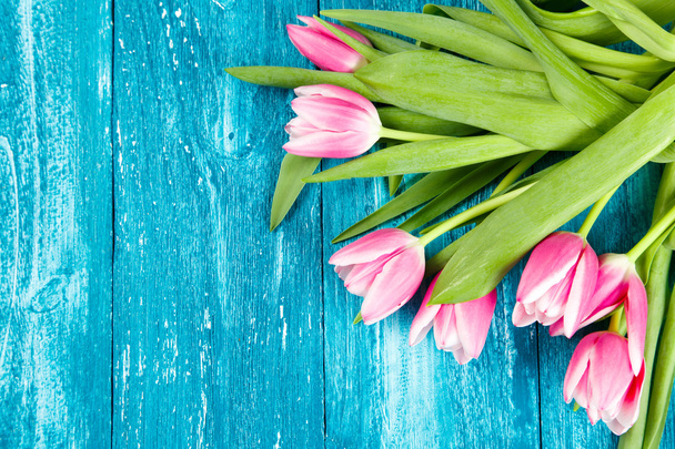 Beautiful pink tulips on blue wood background - Foto, Bild