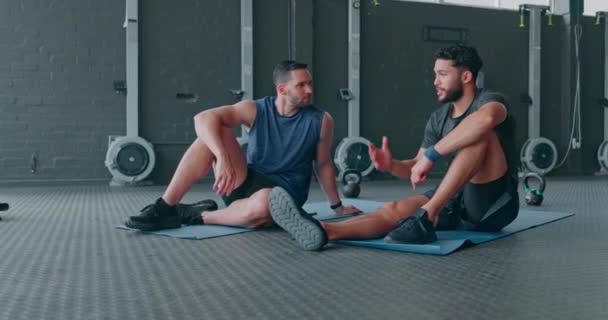 Fitness friends, gym and men high five for exercise, workout and training support or motivation together. People talking and celebrate health and wellness goals, achievement and sports performance. - Video