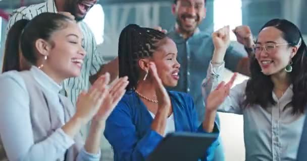 Success, high five or business people applause with laptop for target achievement, goal feedback or winner team. Diversity or collaboration for digital marketing growth or SEO review celebration. - 映像、動画